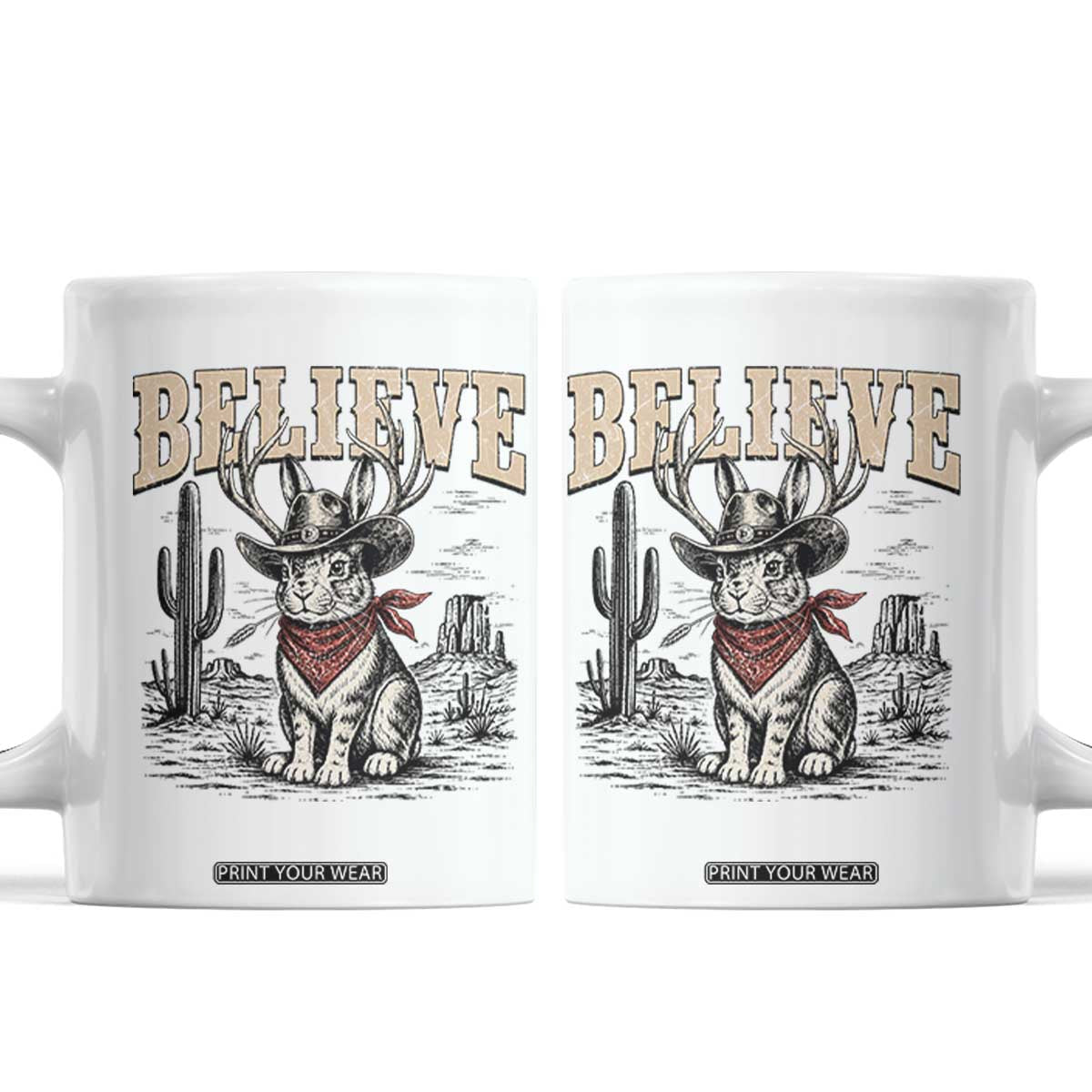 Believe Jackalope Cowboy Coffee Mug Vintage Western Cryptid Rabbit Bunny Graphic