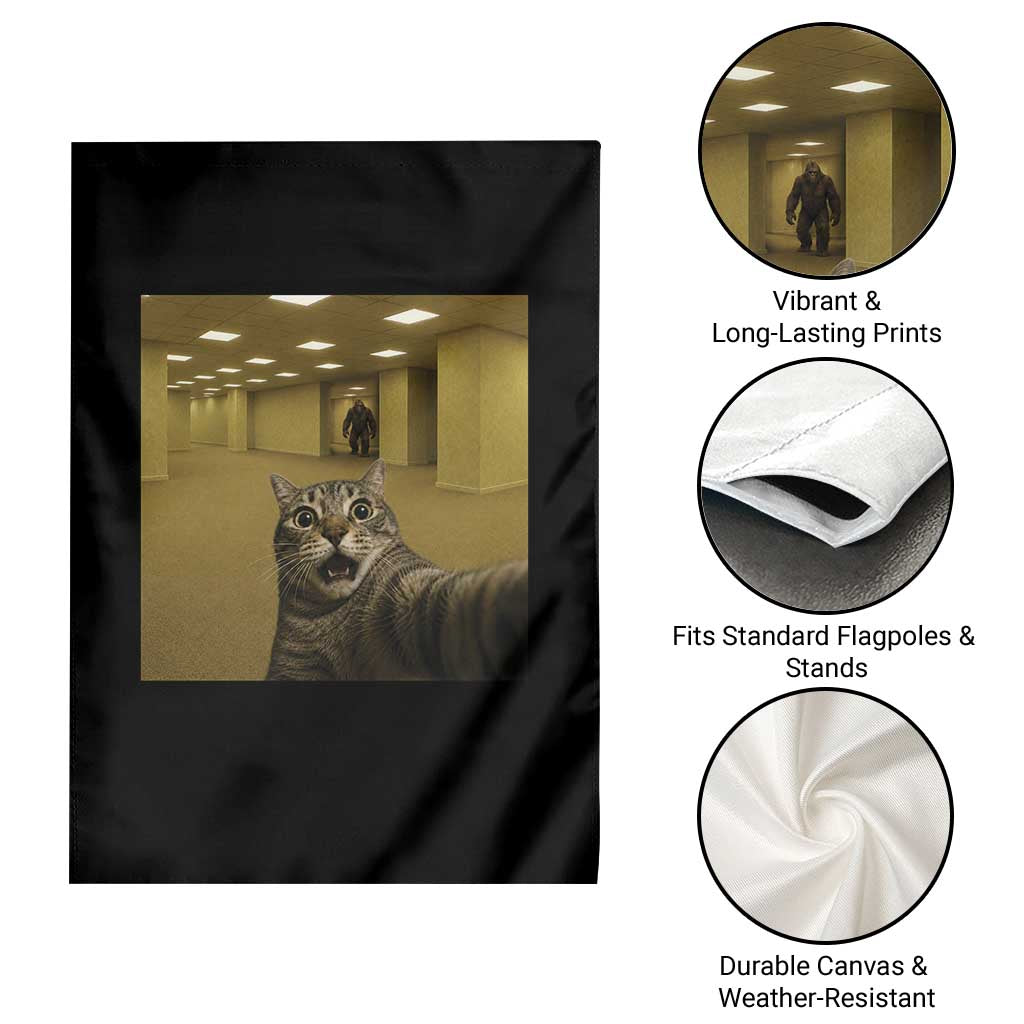 Funny Cat Selfie with Bigfoot Sasquatch Backrooms Liminal Space Meme Garden Flag TS10 Print Your Wear