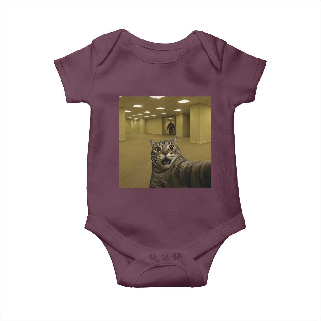 Funny Cat Selfie with Bigfoot Sasquatch Backrooms Liminal Space Meme Baby Onesie TS10 Maroon Print Your Wear