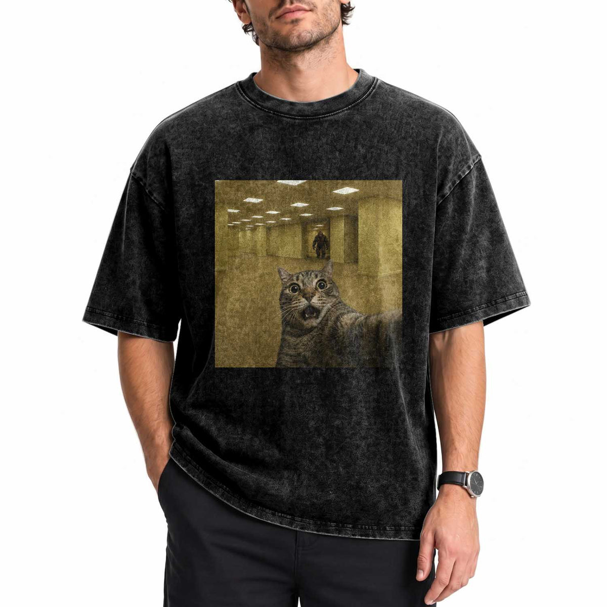 Funny Cat Selfie with Bigfoot Sasquatch Backrooms Liminal Space Meme Washed Cotton T-Shirt