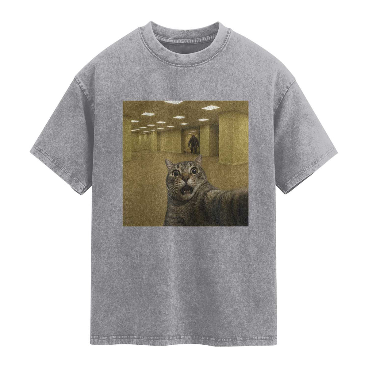Funny Cat Selfie with Bigfoot Sasquatch Backrooms Liminal Space Meme Washed Cotton T-Shirt