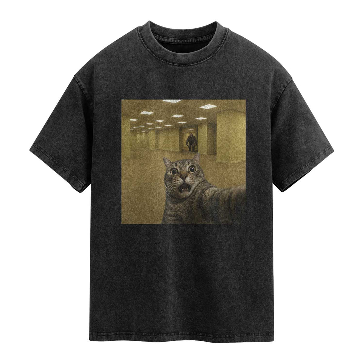 Funny Cat Selfie with Bigfoot Sasquatch Backrooms Liminal Space Meme Washed Cotton T-Shirt