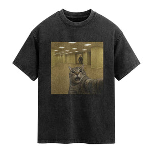 Funny Cat Selfie with Bigfoot Sasquatch Backrooms Liminal Space Meme Washed Cotton T-Shirt