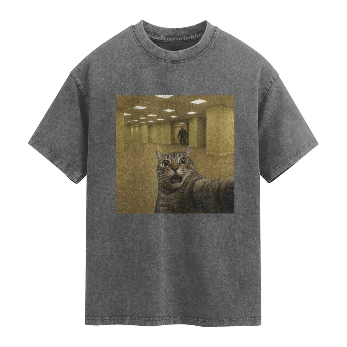 Funny Cat Selfie with Bigfoot Sasquatch Backrooms Liminal Space Meme Washed Cotton T-Shirt