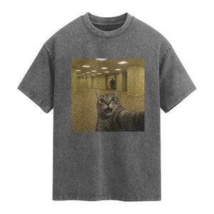 Funny Cat Selfie with Bigfoot Sasquatch Backrooms Liminal Space Meme Washed Cotton T-Shirt