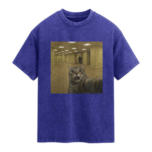 Funny Cat Selfie with Bigfoot Sasquatch Backrooms Liminal Space Meme Washed Cotton T-Shirt