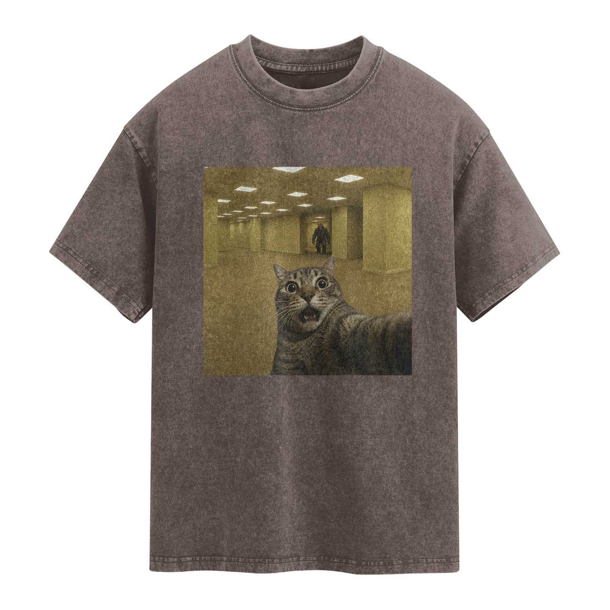 Funny Cat Selfie with Bigfoot Sasquatch Backrooms Liminal Space Meme Washed Cotton T-Shirt