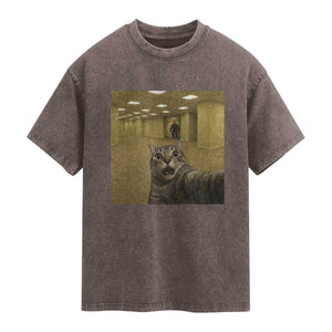 Funny Cat Selfie with Bigfoot Sasquatch Backrooms Liminal Space Meme Washed Cotton T-Shirt