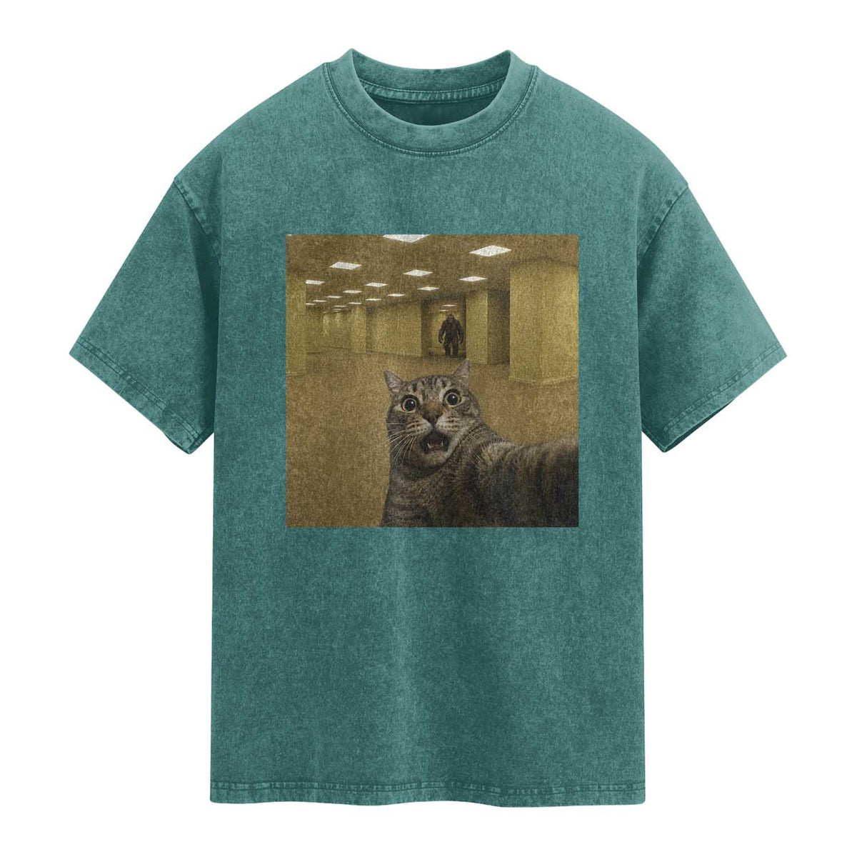 Funny Cat Selfie with Bigfoot Sasquatch Backrooms Liminal Space Meme Washed Cotton T-Shirt