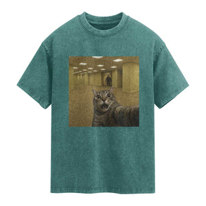 Funny Cat Selfie with Bigfoot Sasquatch Backrooms Liminal Space Meme Washed Cotton T-Shirt