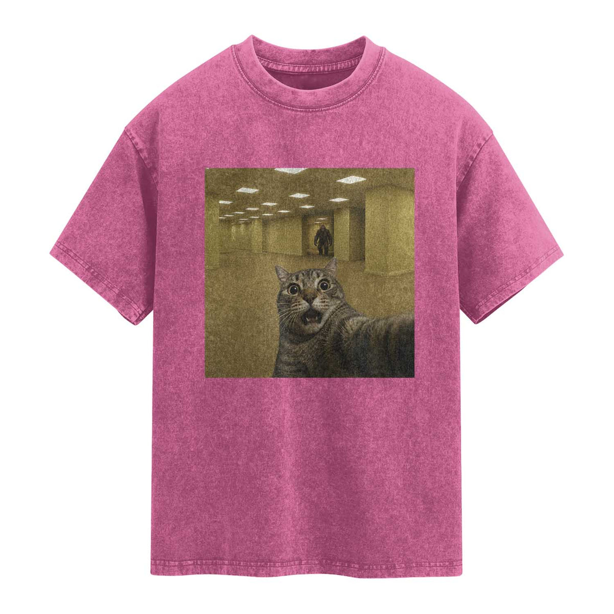 Funny Cat Selfie with Bigfoot Sasquatch Backrooms Liminal Space Meme Washed Cotton T-Shirt