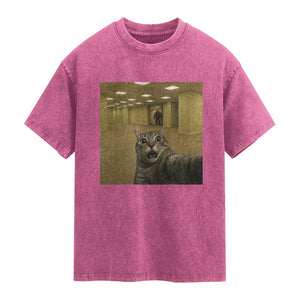Funny Cat Selfie with Bigfoot Sasquatch Backrooms Liminal Space Meme Washed Cotton T-Shirt