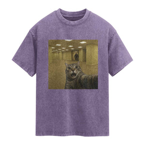 Funny Cat Selfie with Bigfoot Sasquatch Backrooms Liminal Space Meme Washed Cotton T-Shirt