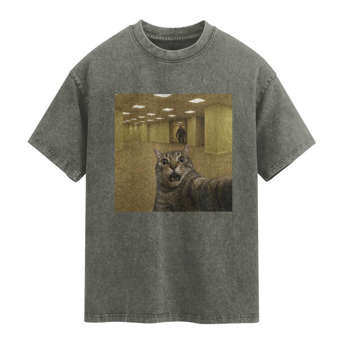 Funny Cat Selfie with Bigfoot Sasquatch Backrooms Liminal Space Meme Washed Cotton T-Shirt