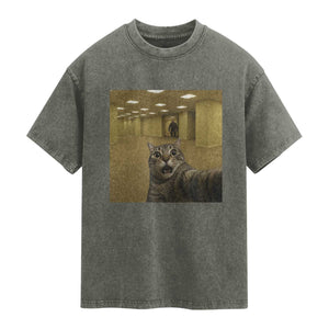 Funny Cat Selfie with Bigfoot Sasquatch Backrooms Liminal Space Meme Washed Cotton T-Shirt