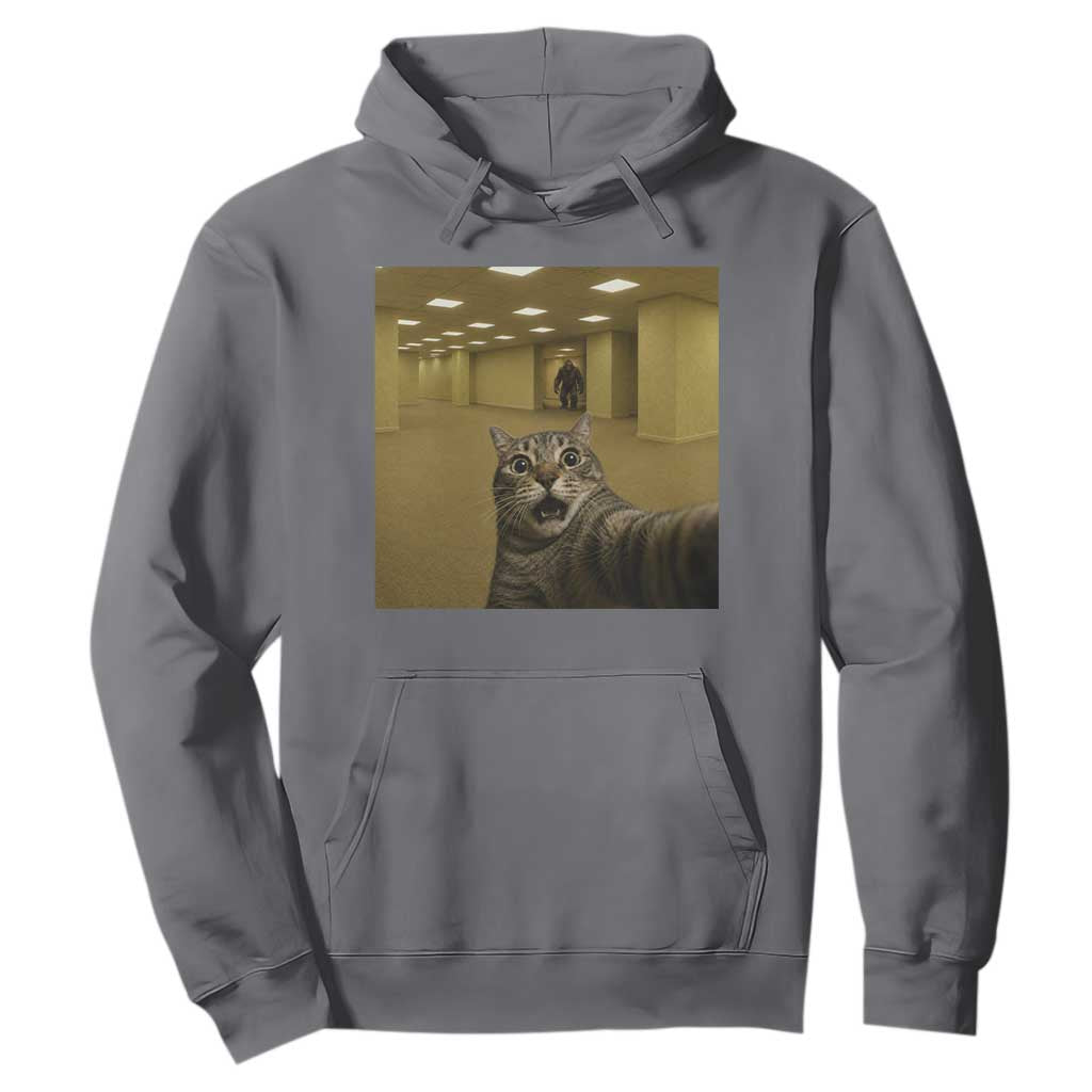 Funny Cat Selfie with Bigfoot Sasquatch Backrooms Liminal Space Meme Hoodie TS10 Charcoal Print Your Wear