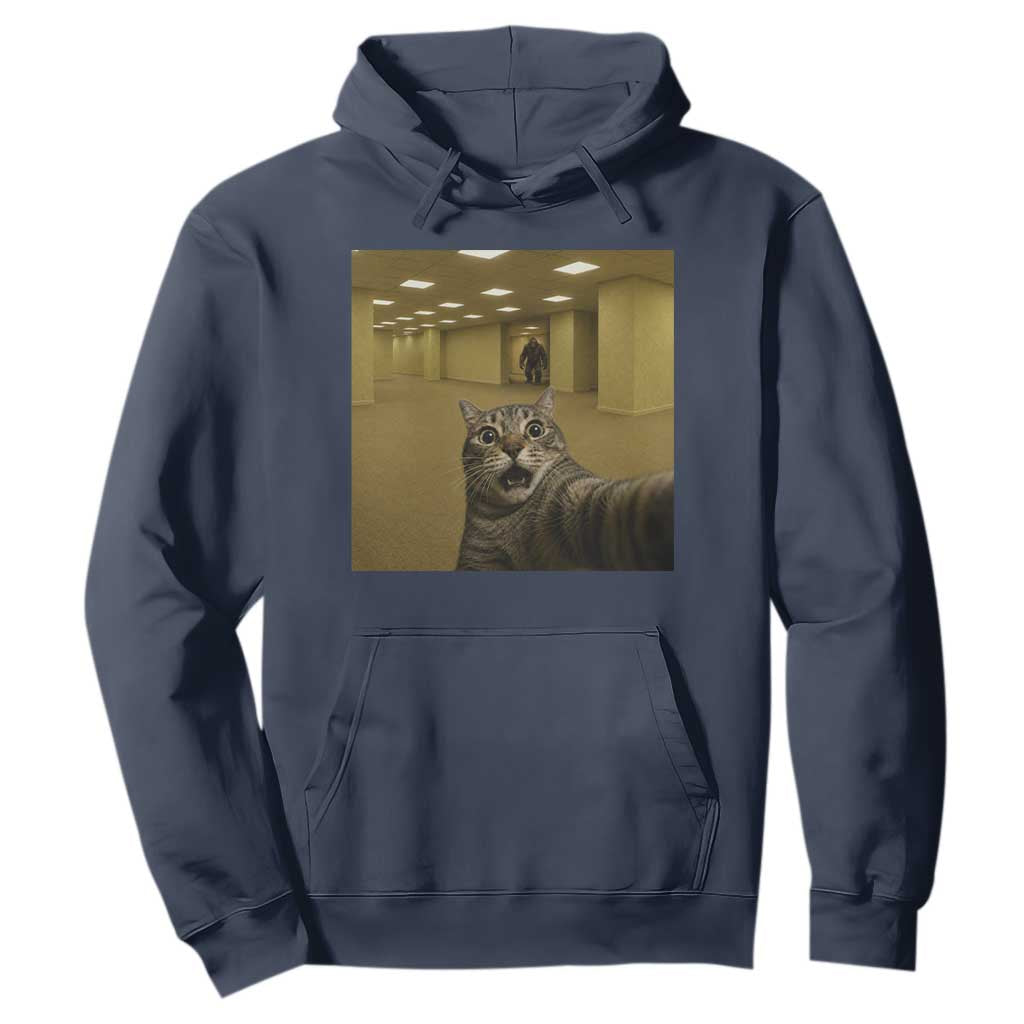 Funny Cat Selfie with Bigfoot Sasquatch Backrooms Liminal Space Meme Hoodie TS10 Navy Print Your Wear