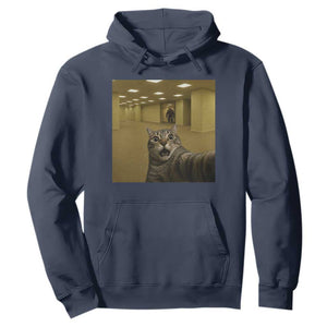 Funny Cat Selfie with Bigfoot Sasquatch Backrooms Liminal Space Meme Hoodie TS10 Navy Print Your Wear
