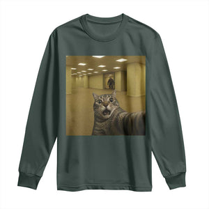 Funny Cat Selfie with Bigfoot Sasquatch Backrooms Liminal Space Meme Long Sleeve Shirt TS10 Dark Forest Green Print Your Wear