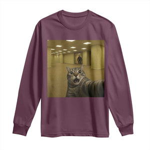 Funny Cat Selfie with Bigfoot Sasquatch Backrooms Liminal Space Meme Long Sleeve Shirt TS10 Maroon Print Your Wear