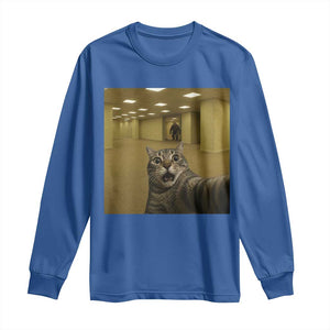 Funny Cat Selfie with Bigfoot Sasquatch Backrooms Liminal Space Meme Long Sleeve Shirt TS10 Royal Blue Print Your Wear