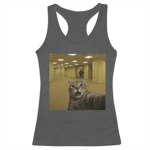 Funny Cat Selfie with Bigfoot Sasquatch Backrooms Liminal Space Meme Racerback Tank Top TS10 Dark Heather Print Your Wear