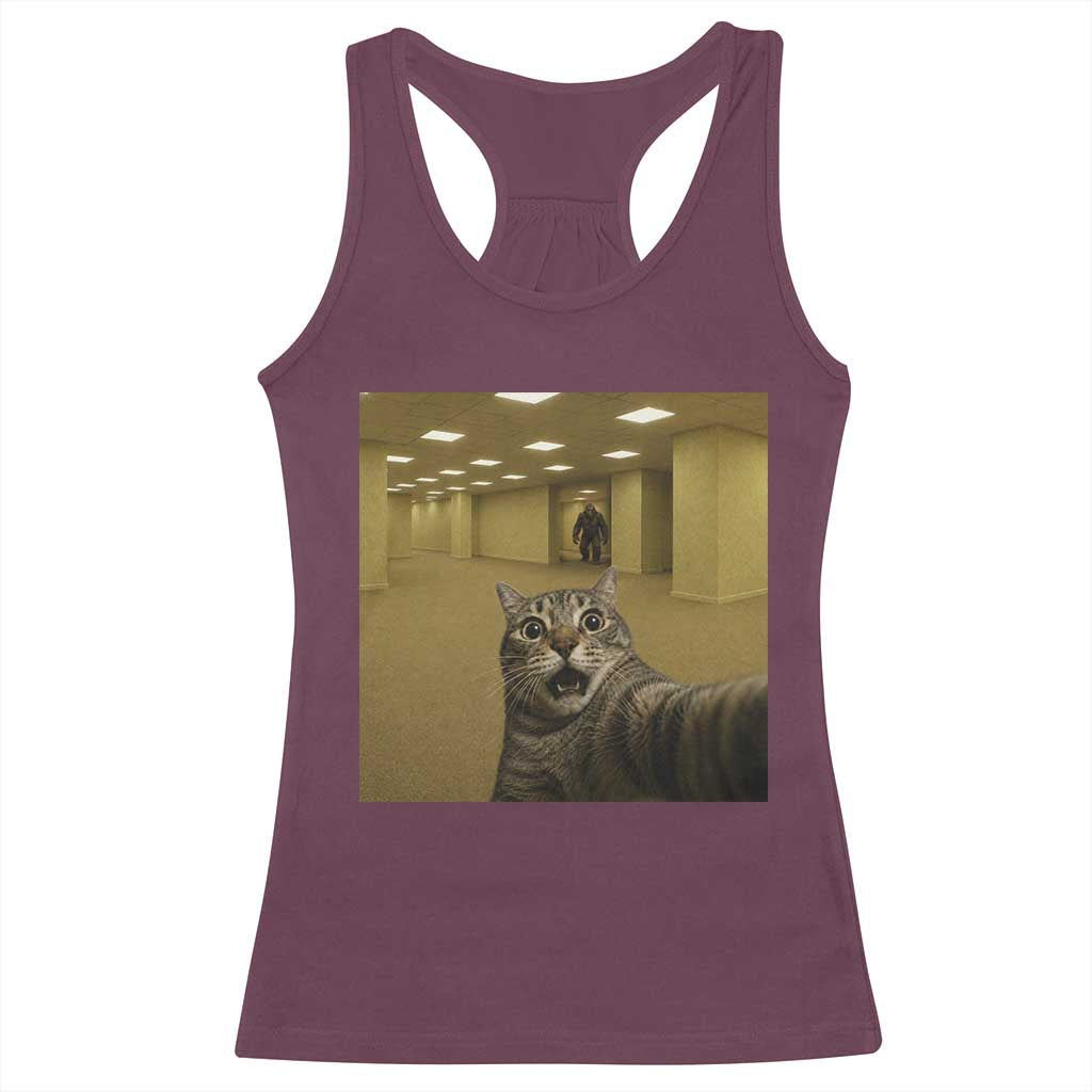 Funny Cat Selfie with Bigfoot Sasquatch Backrooms Liminal Space Meme Racerback Tank Top TS10 Maroon Print Your Wear