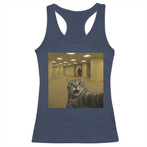 Funny Cat Selfie with Bigfoot Sasquatch Backrooms Liminal Space Meme Racerback Tank Top TS10 Navy Print Your Wear
