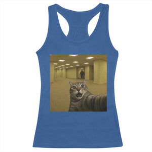 Funny Cat Selfie with Bigfoot Sasquatch Backrooms Liminal Space Meme Racerback Tank Top TS10 Royal Blue Print Your Wear