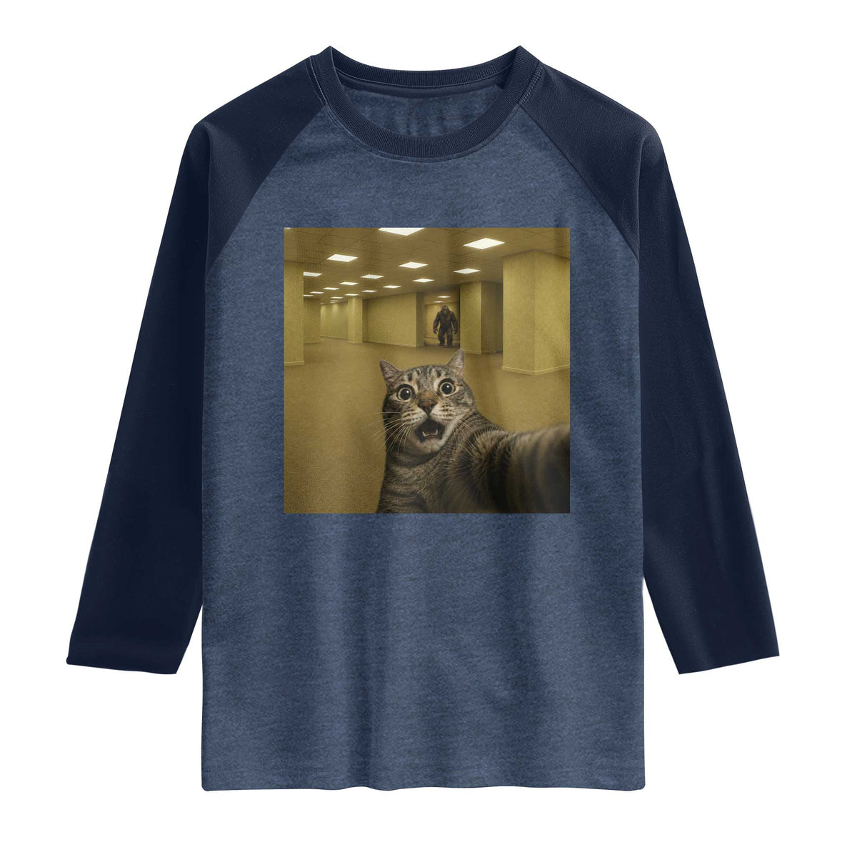 Funny Cat Selfie with Bigfoot Sasquatch Backrooms Liminal Space Meme Raglan Shirt TS10 Heather Denim Navy Print Your Wear