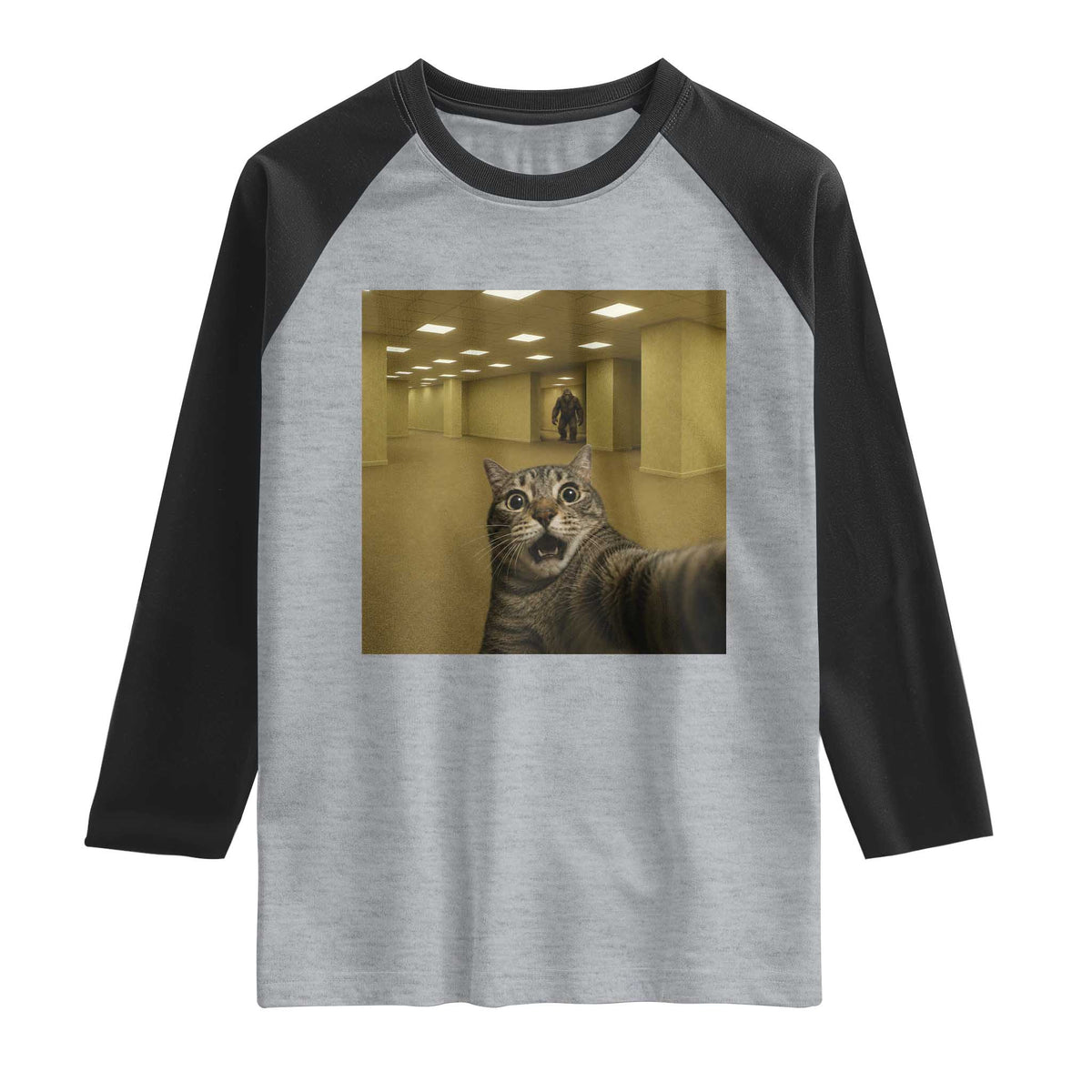 Funny Cat Selfie with Bigfoot Sasquatch Backrooms Liminal Space Meme Raglan Shirt TS10 Heather Gray Black Print Your Wear