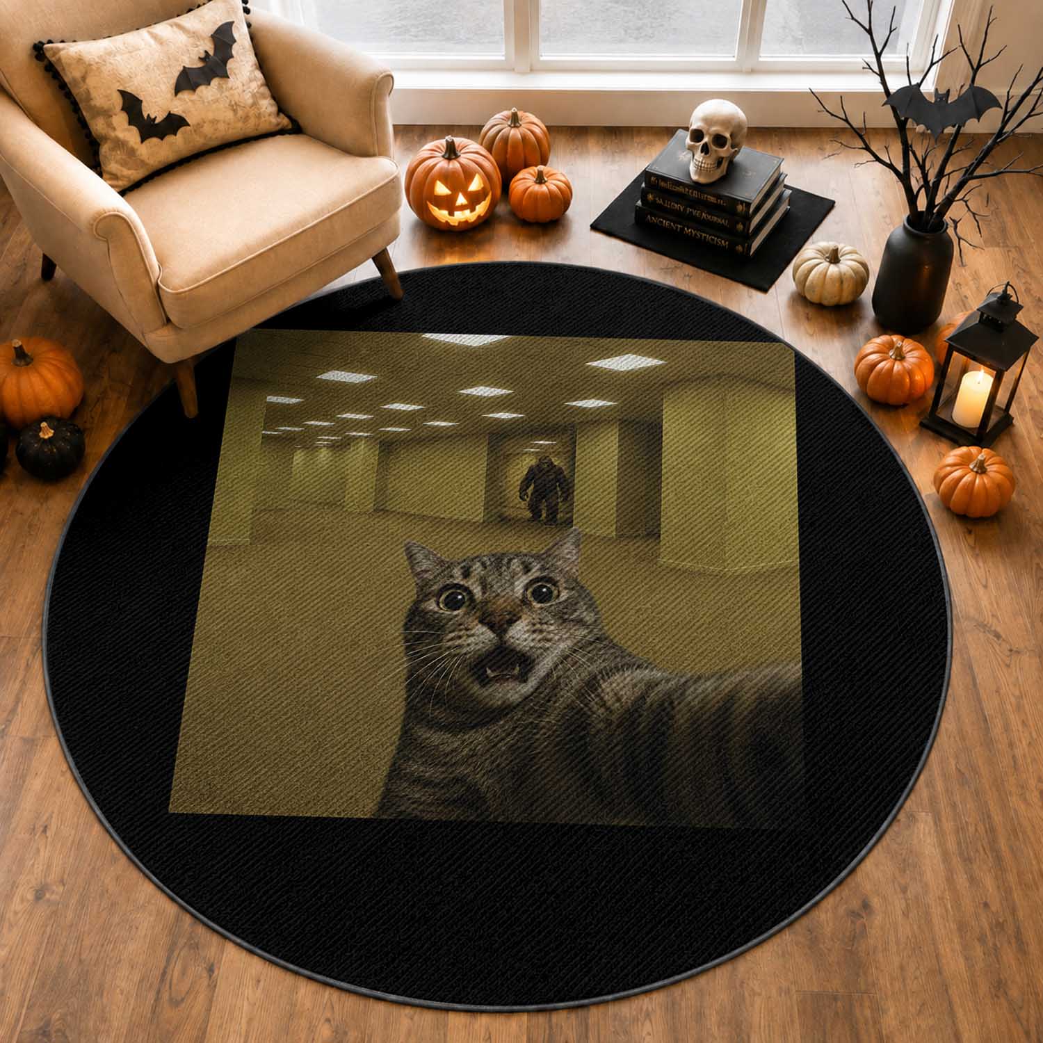 Funny Cat Selfie with Bigfoot Sasquatch Backrooms Liminal Space Meme Round Rug