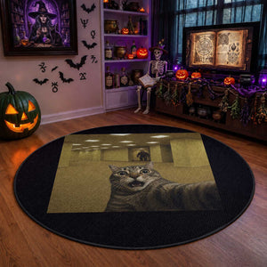 Funny Cat Selfie with Bigfoot Sasquatch Backrooms Liminal Space Meme Round Rug