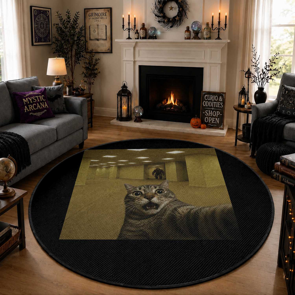 Funny Cat Selfie with Bigfoot Sasquatch Backrooms Liminal Space Meme Round Rug