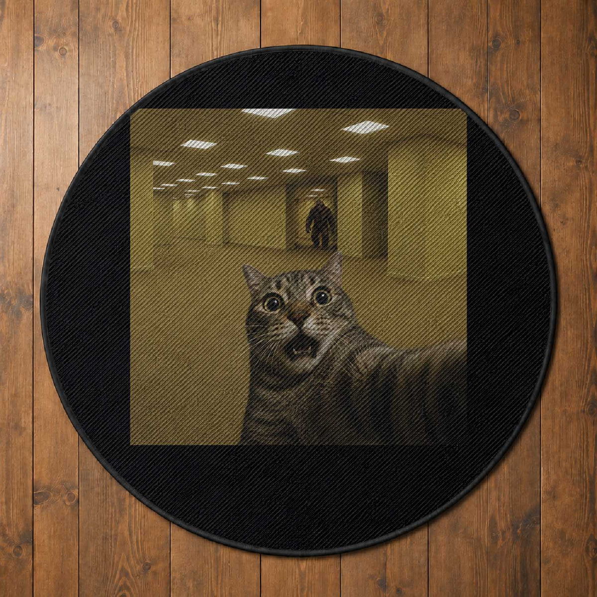 Funny Cat Selfie with Bigfoot Sasquatch Backrooms Liminal Space Meme Round Rug
