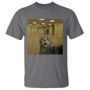 Funny Cat Selfie with Bigfoot Sasquatch Backrooms Liminal Space Meme T Shirt TS10 Charcoal Print Your Wear