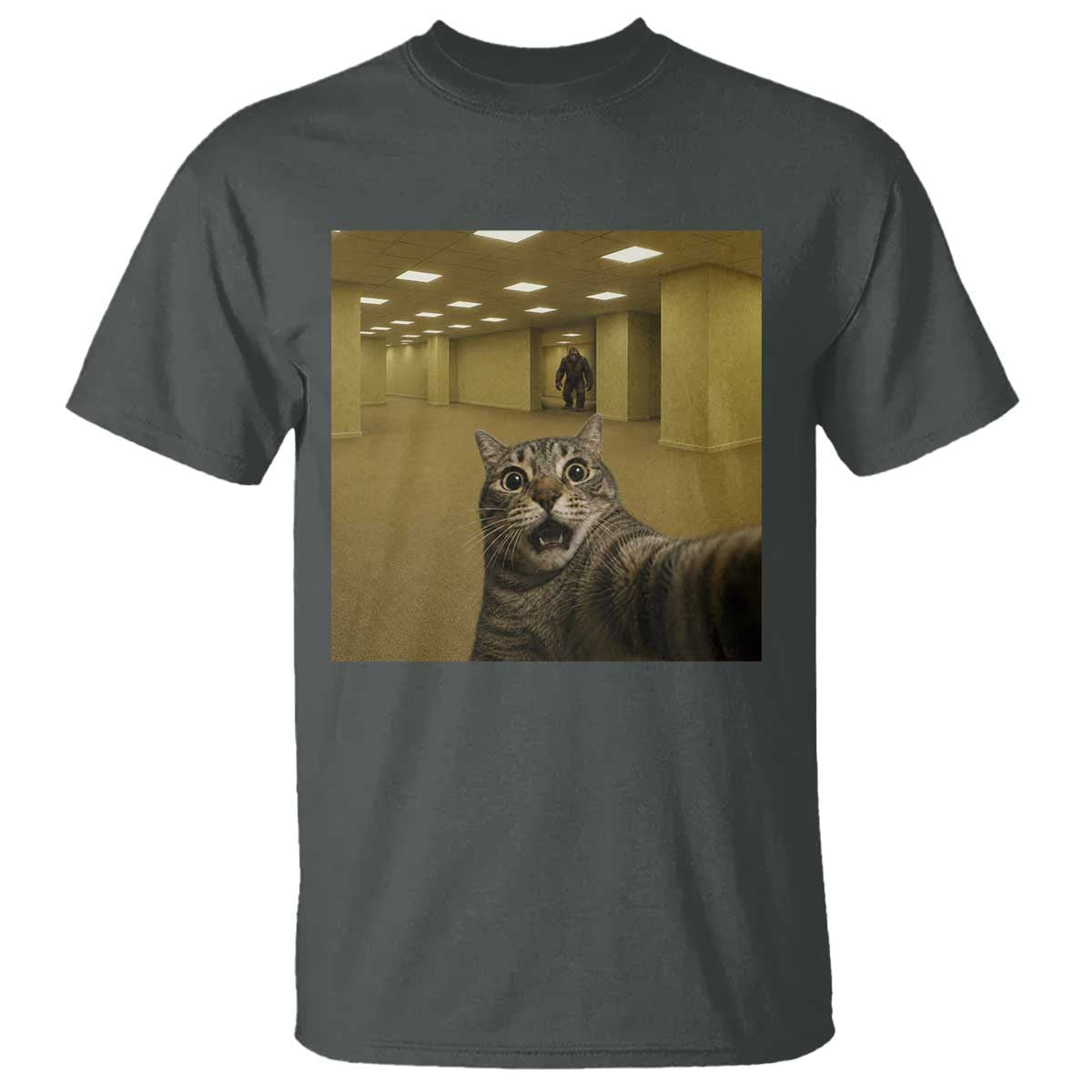 Funny Cat Selfie with Bigfoot Sasquatch Backrooms Liminal Space Meme T Shirt TS10 Dark Heather Print Your Wear