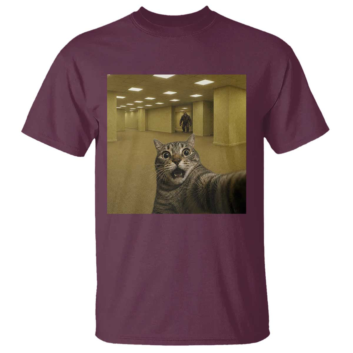 Funny Cat Selfie with Bigfoot Sasquatch Backrooms Liminal Space Meme T Shirt TS10 Maroon Print Your Wear