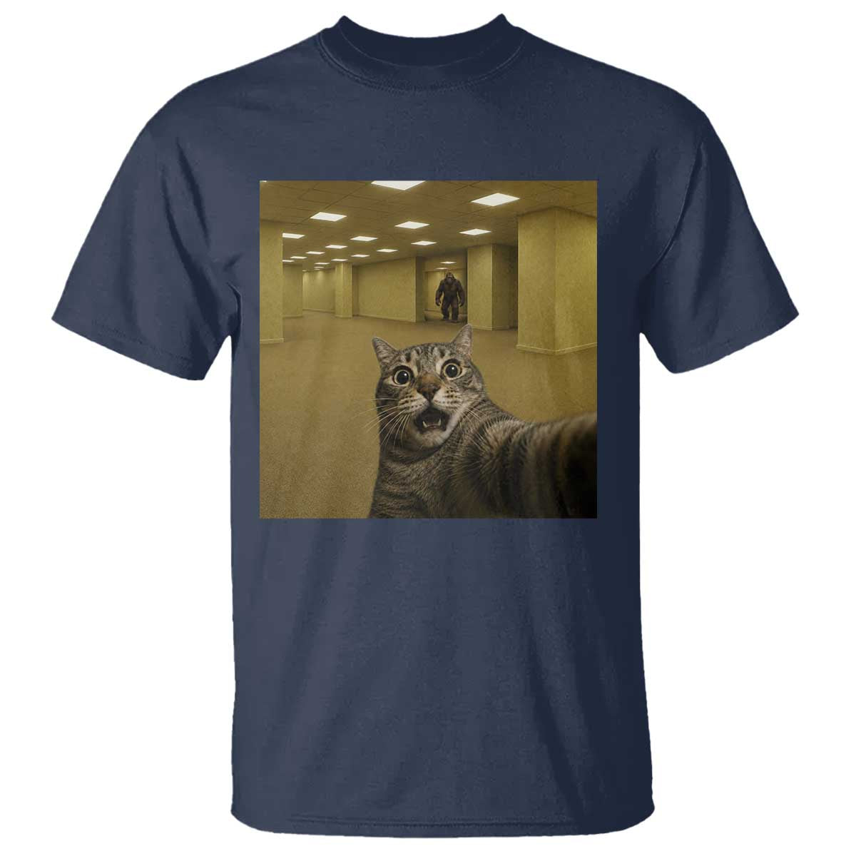 Funny Cat Selfie with Bigfoot Sasquatch Backrooms Liminal Space Meme T Shirt TS10 Navy Print Your Wear