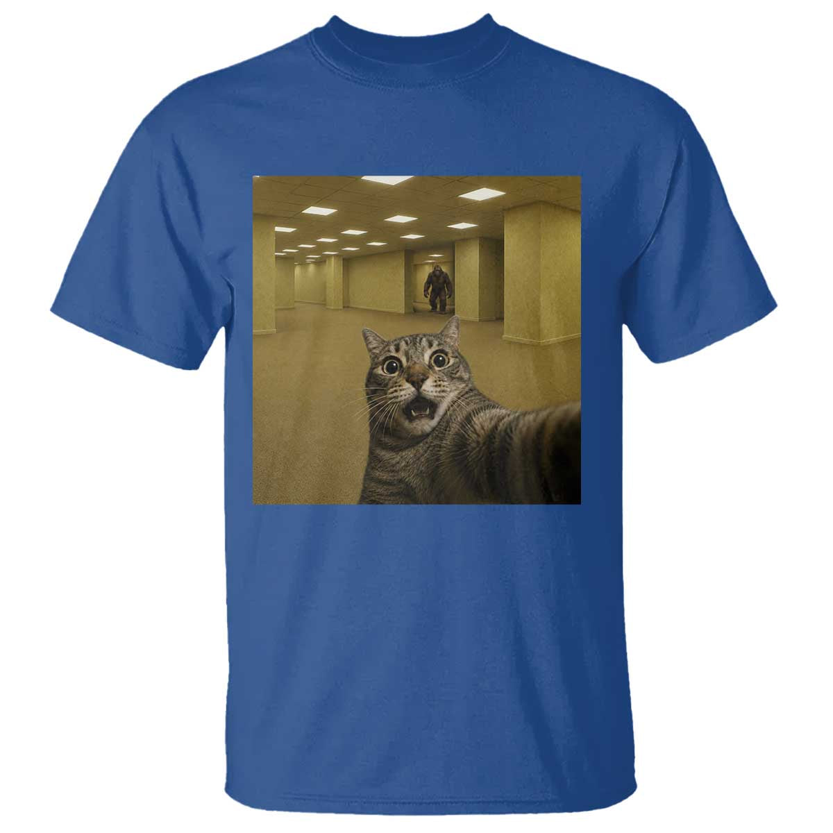 Funny Cat Selfie with Bigfoot Sasquatch Backrooms Liminal Space Meme T Shirt TS10 Royal Blue Print Your Wear