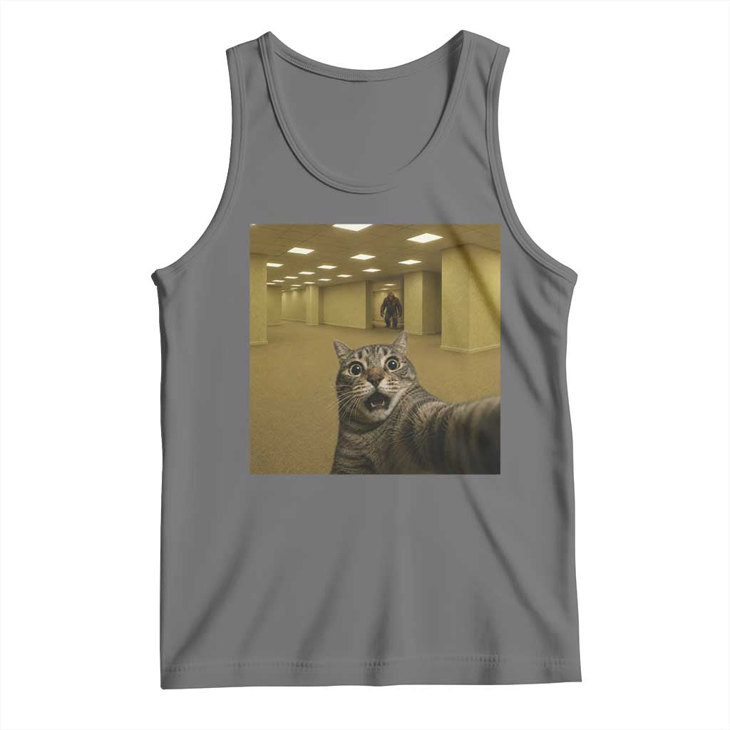Funny Cat Selfie with Bigfoot Sasquatch Backrooms Liminal Space Meme Tank Top TS10 Black Heather Print Your Wear