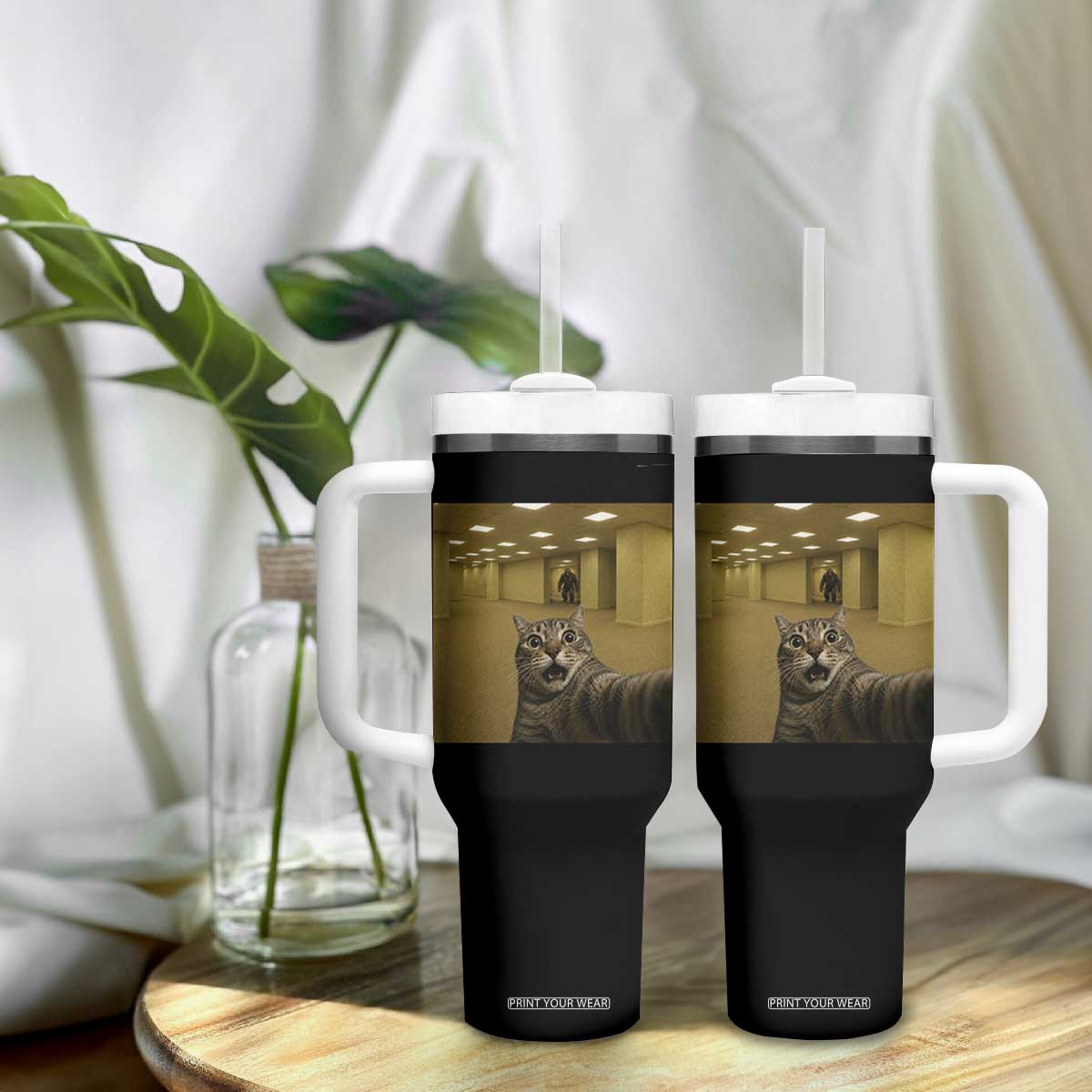 Funny Cat Selfie with Bigfoot Sasquatch Backrooms Liminal Space Meme Tumbler With Handle TS10 Print Your Wear