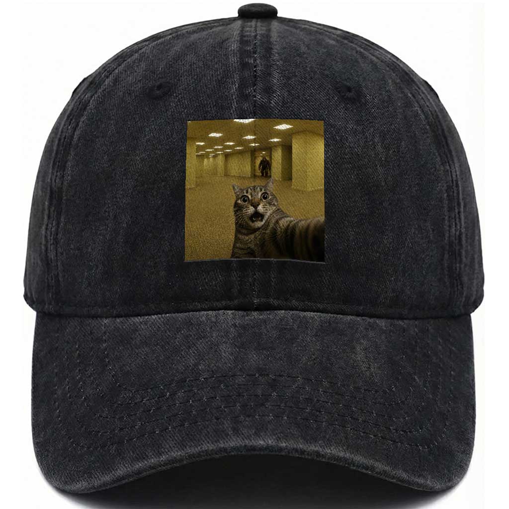Funny Cat Selfie with Bigfoot Sasquatch Backrooms Liminal Space Meme Washed Cotton Baseball Cap TS10 Print Your Wear