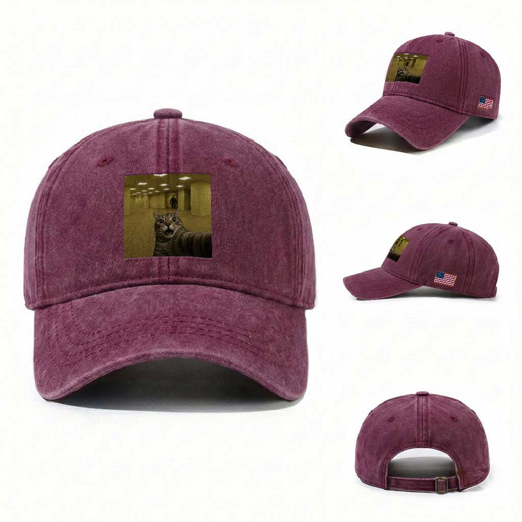 Funny Cat Selfie with Bigfoot Sasquatch Backrooms Liminal Space Meme Washed Cotton Baseball Cap TS10 Washed Cap Universal Fit Burgundy Print Your Wear