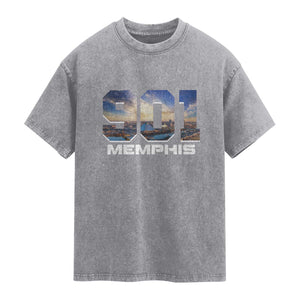 901 Memphis Washed Cotton T-Shirt Area Code Cityscape Skyline Tennessee Pride Vintage