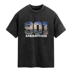 901 Memphis Washed Cotton T-Shirt Area Code Cityscape Skyline Tennessee Pride Vintage
