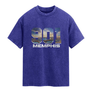 901 Memphis Washed Cotton T-Shirt Area Code Cityscape Skyline Tennessee Pride Vintage