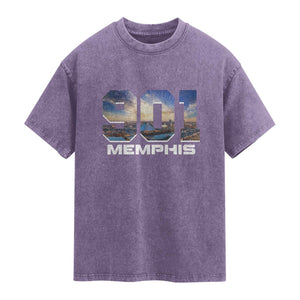 901 Memphis Washed Cotton T-Shirt Area Code Cityscape Skyline Tennessee Pride Vintage