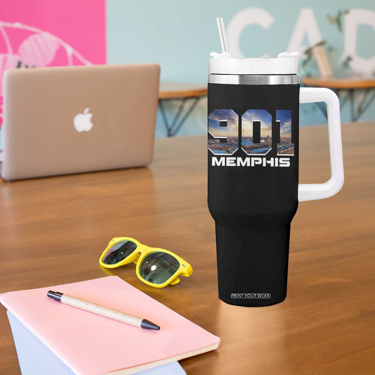 901 Memphis Tumbler With Handle Area Code Cityscape Skyline Tennessee Pride Vintage