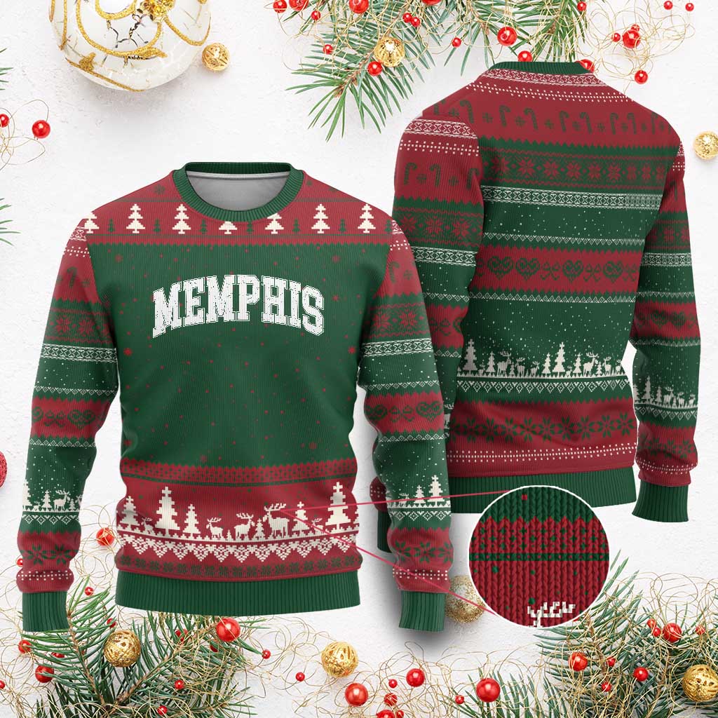 Vintage Memphis Tennessee Varsity Block Letters City Pride Ugly Christmas Sweater